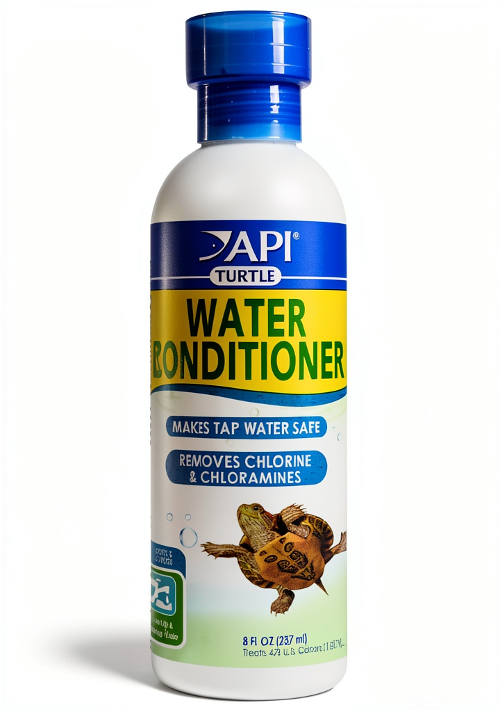 API Turtle Water Conditioner bottle next to an aquarium