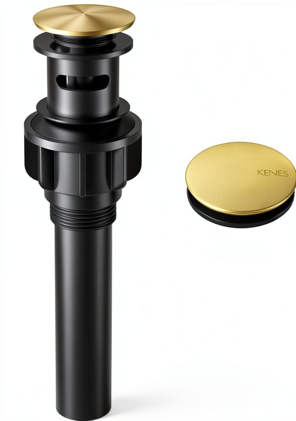 Brushed Gold Pop Up Bathroom Sink Drain with Overflow KENES Assembly-0